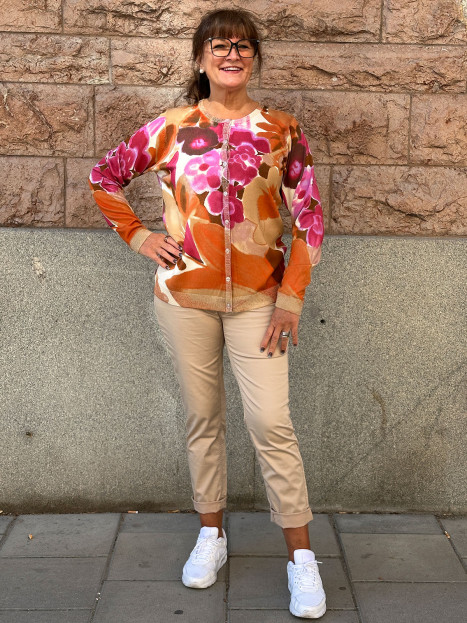 Finstickad kofta guld/orange/rosa blom från Micha