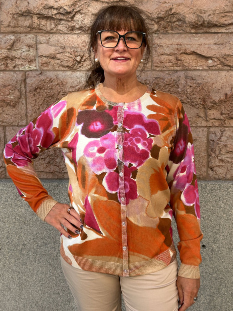 Finstickad kofta guld/orange/rosa blom från Micha