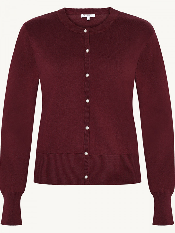 Finstickad kofta med pärlknappar vinröd från Claire