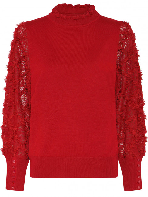 Finstickad tröja med dekor på ärmar och krage röd från Micha