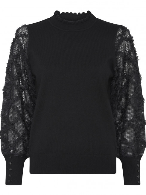 Finstickad tröja med dekor på ärmar och krage svart från Micha