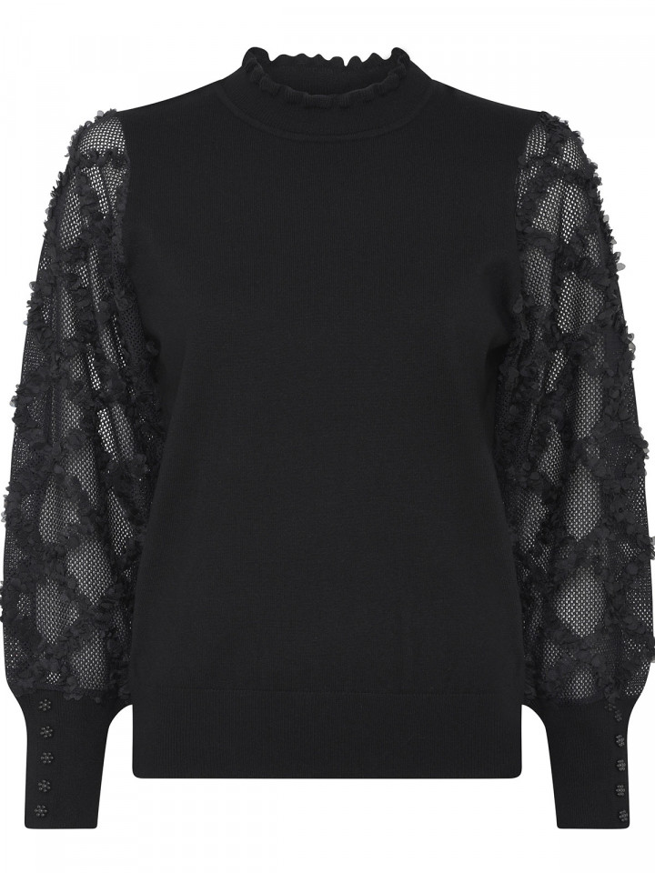 Finstickad tröja med dekor på ärmar och krage svart från Micha