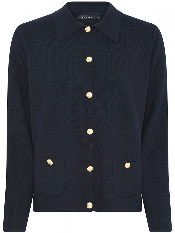 Finstickad kofta med guldknappar marin från Micha