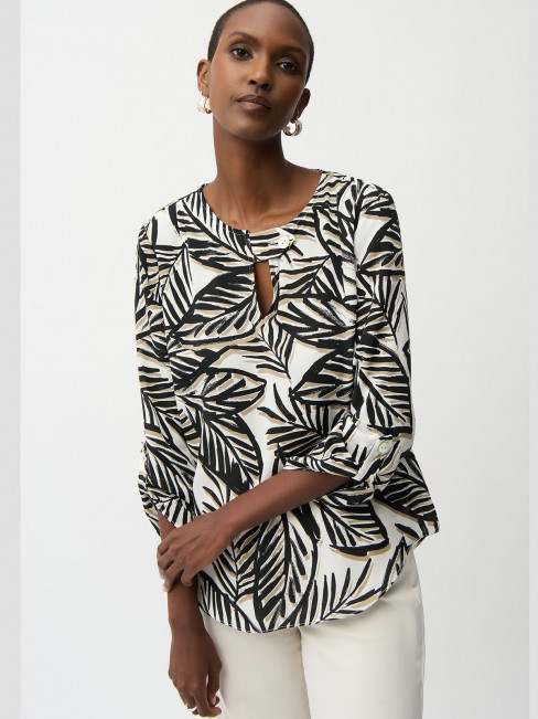 Blus/topp grafiska blad svart/nougat på offwhite från Joseph Ribkoff