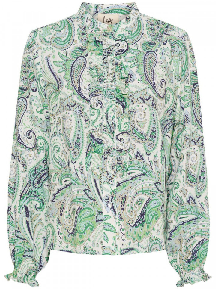 Blus Gyta Ruffle grön paisley från Isay