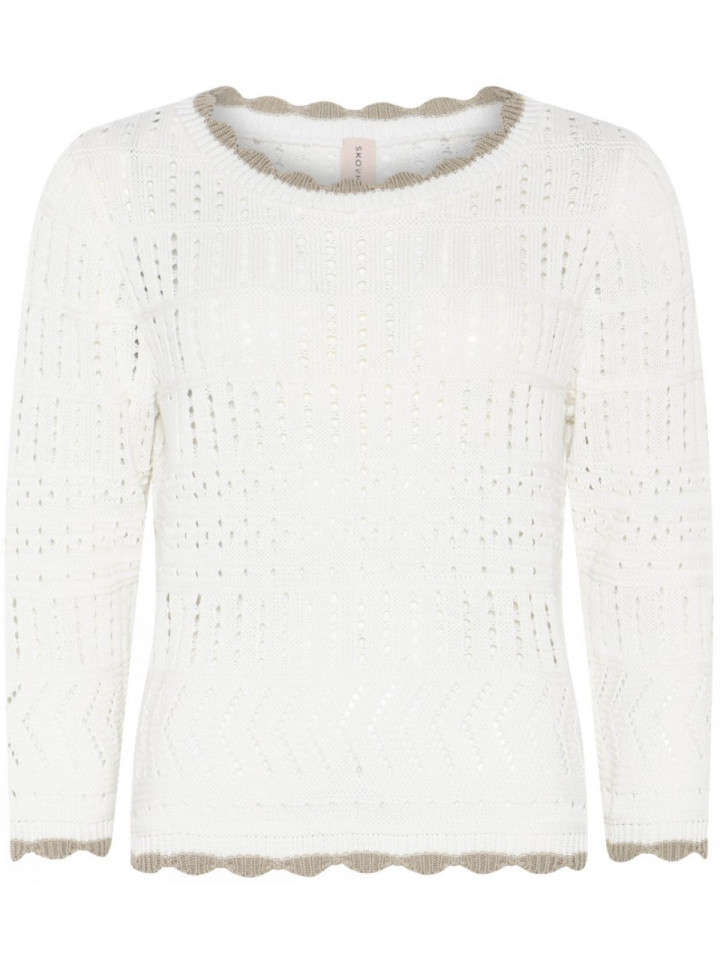 Mönsterstickad tröja offwhite med kakigrön kant från Skovhuus