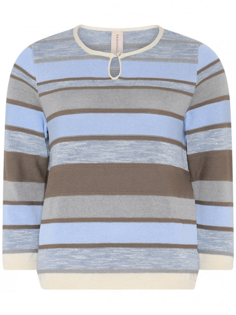 Finstickad tröja blå rand dekorknapp från Skovhuus