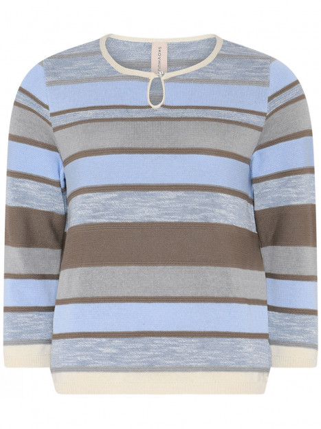 Finstickad tröja blå rand dekorknapp från Skovhuus