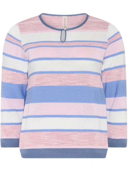 Finstickad tröja rosa rand dekorknapp från Skovhuus