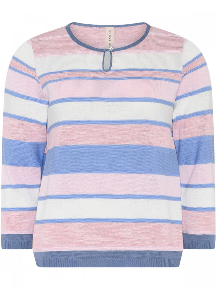 Finstickad tröja rosa rand dekorknapp från Skovhuus