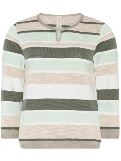 Finstickad tröja grön rand dekorknapp från Skovhuus