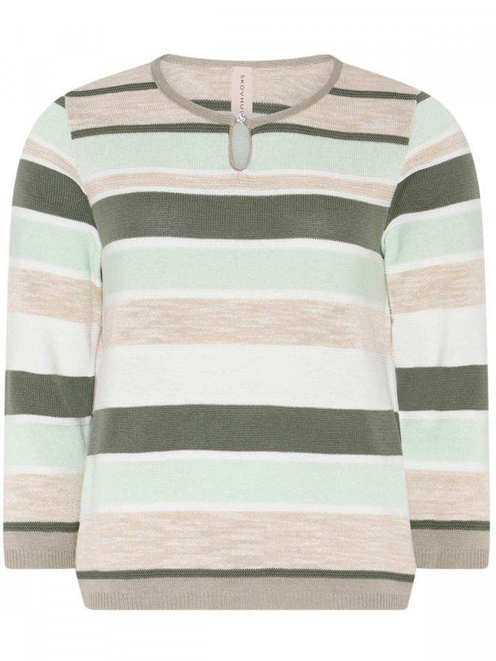 Finstickad tröja grön rand dekorknapp från Skovhuus