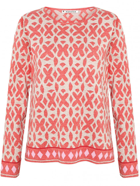 Finstickad tröja Tierra oat/soft red från Mansted