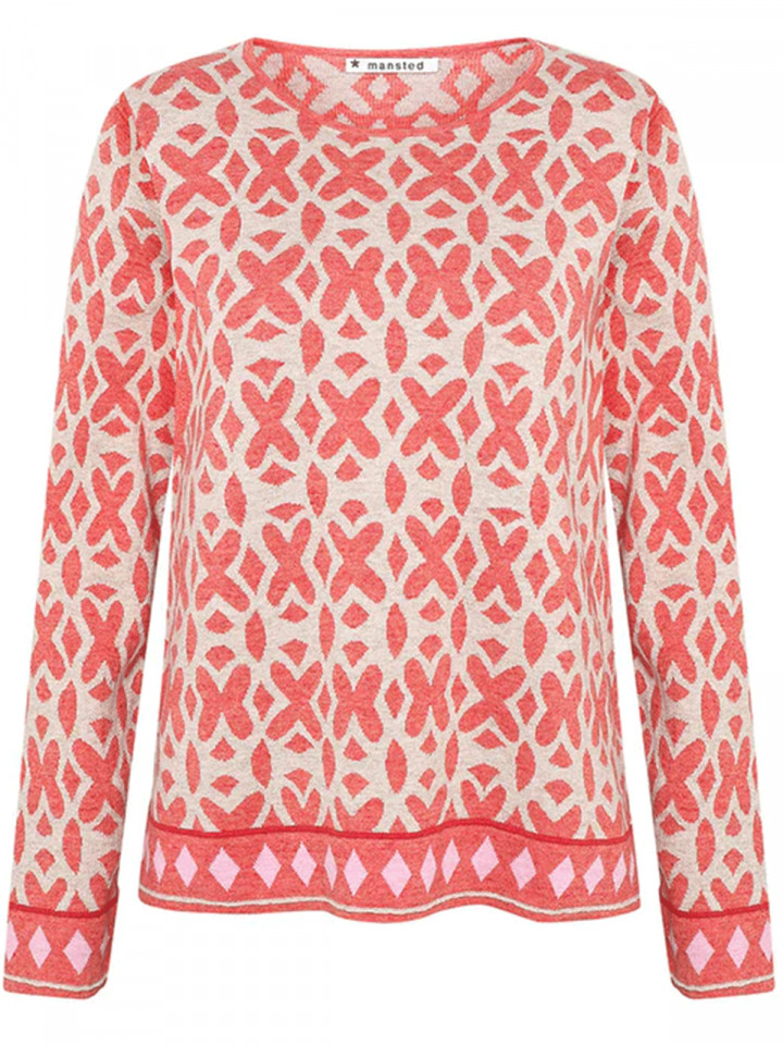 Finstickad tröja Tierra oat/soft red från Mansted