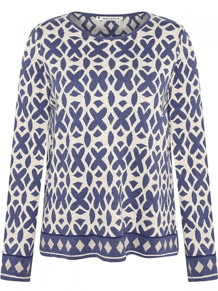 Finstickad tröja Tierra oat/marin från Mansted